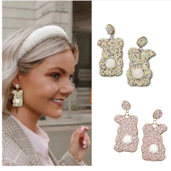 Pearl & Pom-Pom Accent Easter Bunny Seed Beaded Statement Gift Earrings NEW - Picture 1 of 5